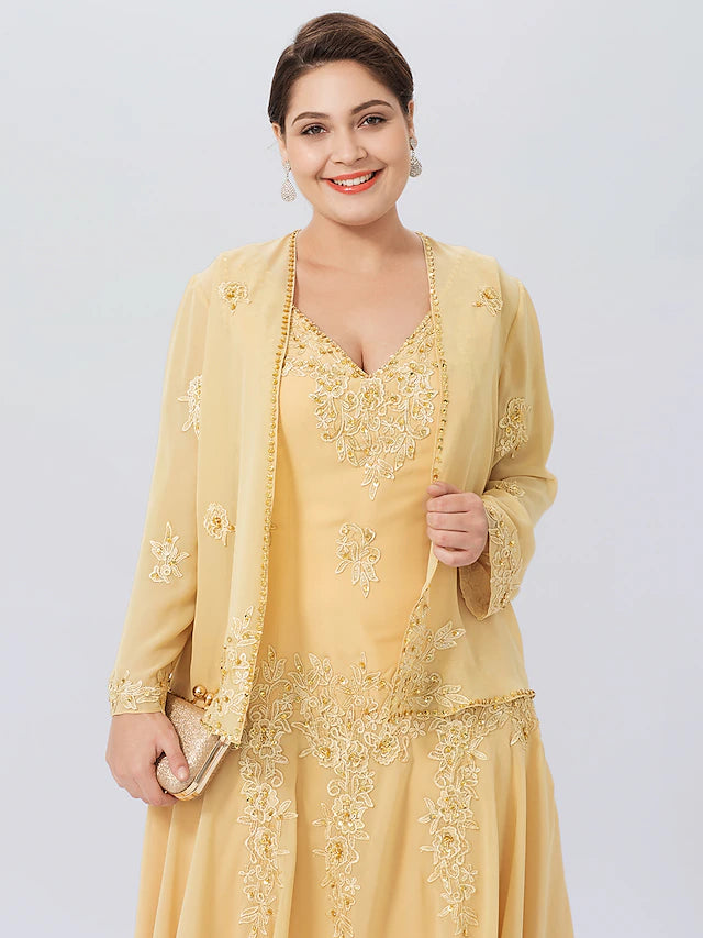 A-Line Mother of the Bride Dress Formal Plus Size Elegant High Low V Neck Asymmetrical Chiffon Beaded Lace Long Sleeve Wrap Included with Beading Appliques